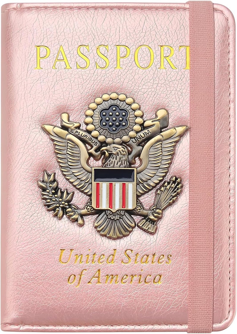FACATH Passport Holder for Travel Passport Cover for Men Passport Wallet Case with Metal Badge Protector Leather Card Case RFID Blocking Women Travel Accessories Document Organizer (Rose Gold) - Image 1